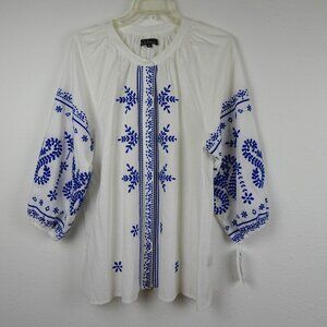 Calessa Embroidered Tunic Top Women's Size M White Blue Loose Fit Boho Peasant